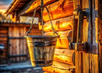 Rustic Well Scene: Old Wooden Bucket Hanging Over Well, Wooden Building Background