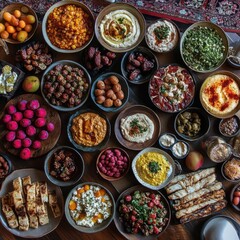 Fototapeta premium A vibrant spread of diverse dishes and fruits on a wooden table, showcasing culinary variety