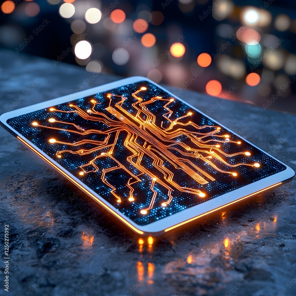 Poster futuristic circuit board with glowing lines and bokeh background, digital technology concepts and de