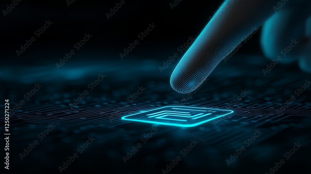 Poster closeup of a finger interacting with an intricate computer circuit board closeup,