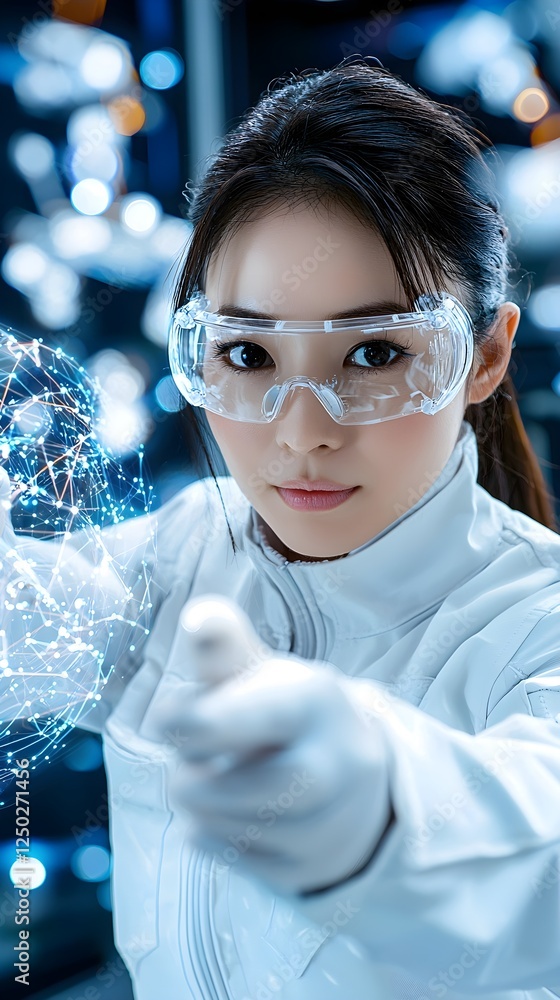 Aufkleber scientist in modern laboratory using advanced technology to analyze data and present information wit