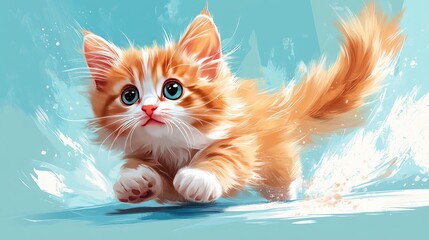 Playful orange kitten dashes across a vibrant blue background, showcasing its energy and agility