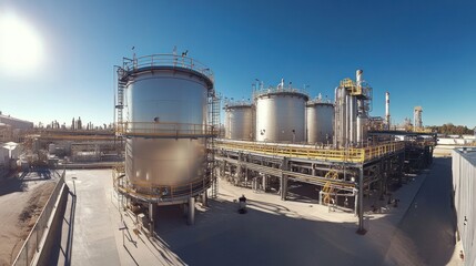 Obraz premium Industrial facility with large storage tanks and processing equipment under a clear sky.