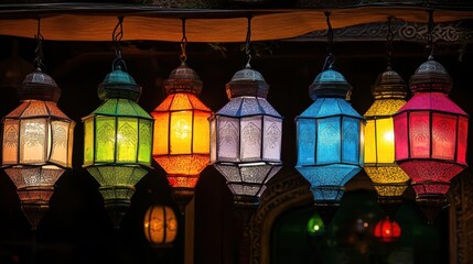 Obraz premium Colorful lanterns hanging in a market, illuminating the evening ambiance with intricate designs