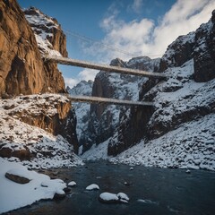 A narrow suspension bridge covered in snow, stretching between two towering cliffs.