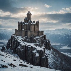 A medieval castle perched on a snowy mountain ledge, overlooking a vast, frozen valley.