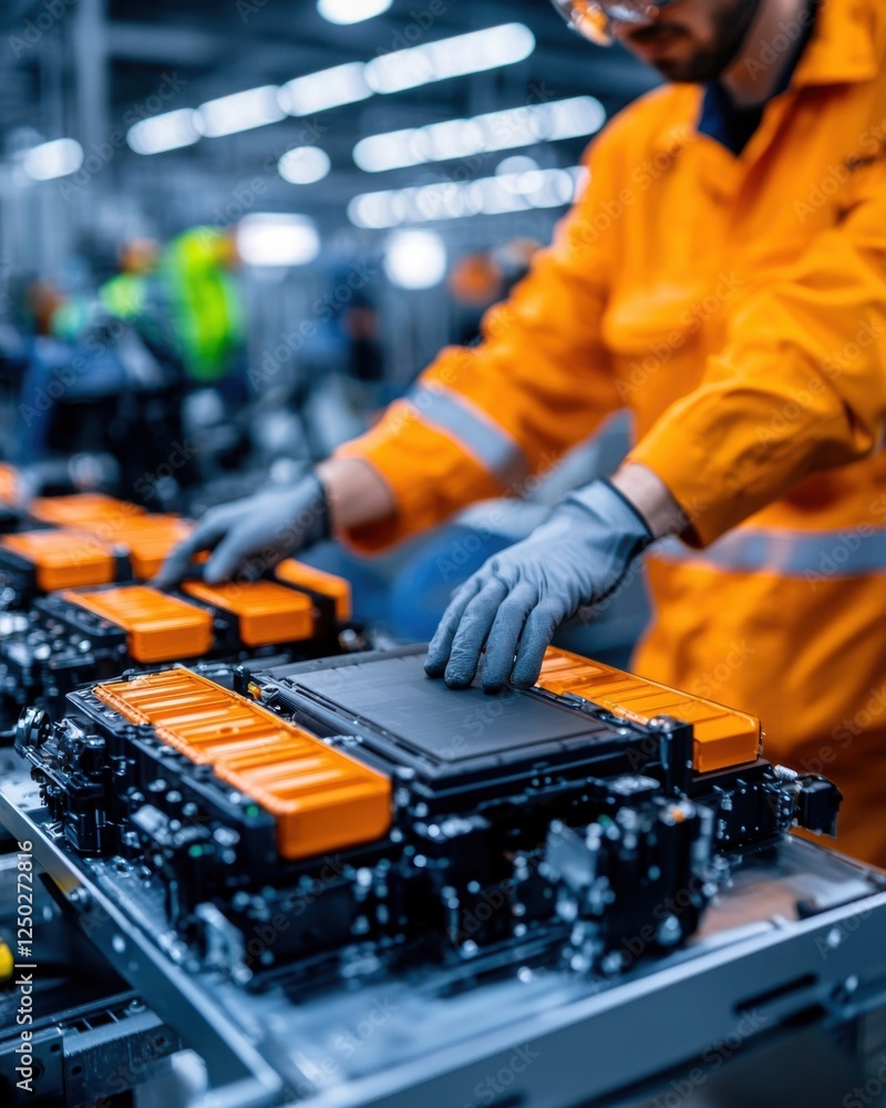 Poster industrial worker assembling complex technological component