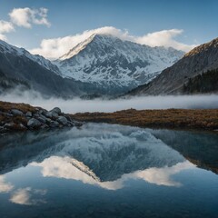 A serene mountain lake reflecting the snow-capped peaks, with mist rising from the water.