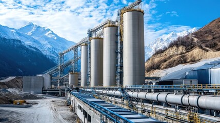 Obraz premium Industrial facility with silos and pipelines set against a mountainous backdrop.