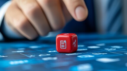 Obraz premium Businessman in a suit presses large red dice, symbol of risk, decisionmaking, and strategic action in the corporate world