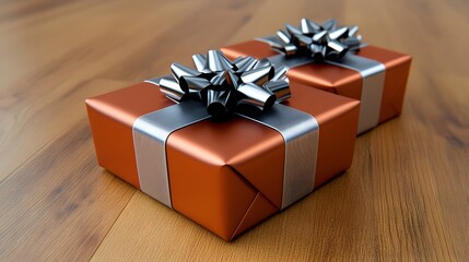 Elegant Orange Gift Boxes with Silver Ribbons and Bows on Wooden Surface for Celebrations and Festive Occasions