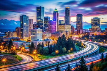 Fototapeta premium Seattle Skyscrapers, Blue Hour Light Trails, Tilt-Shift Photography