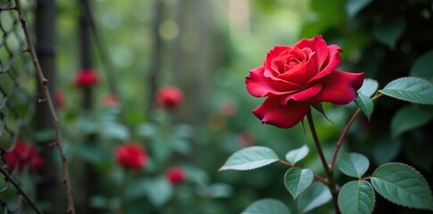 Soft focus red rose amidst an overgrown garden with vines and gray foliage, roses, arrangements, gray