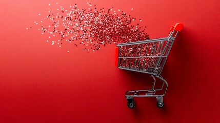 Mini shopping cart spilling colorful confetti on red background