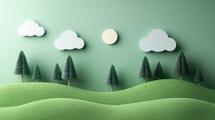 Minimalist 3D Render of Green Landscape with Trees, Clouds and Sun