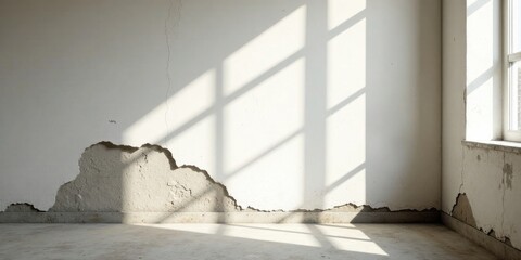 Sunlit Room with Damaged Plaster Walls and Window
