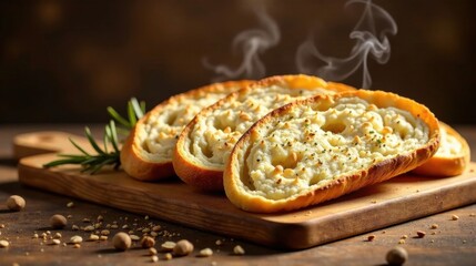 Warm, Toasted Bread Slices Topped with Creamy, Nutty Spread and Fresh Herbs on Rustic Wooden Board