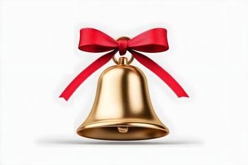 Golden Christmas Bell with Red Ribbon Bow Isolated on White Background Symbolizing Holiday Celebration and Joy
