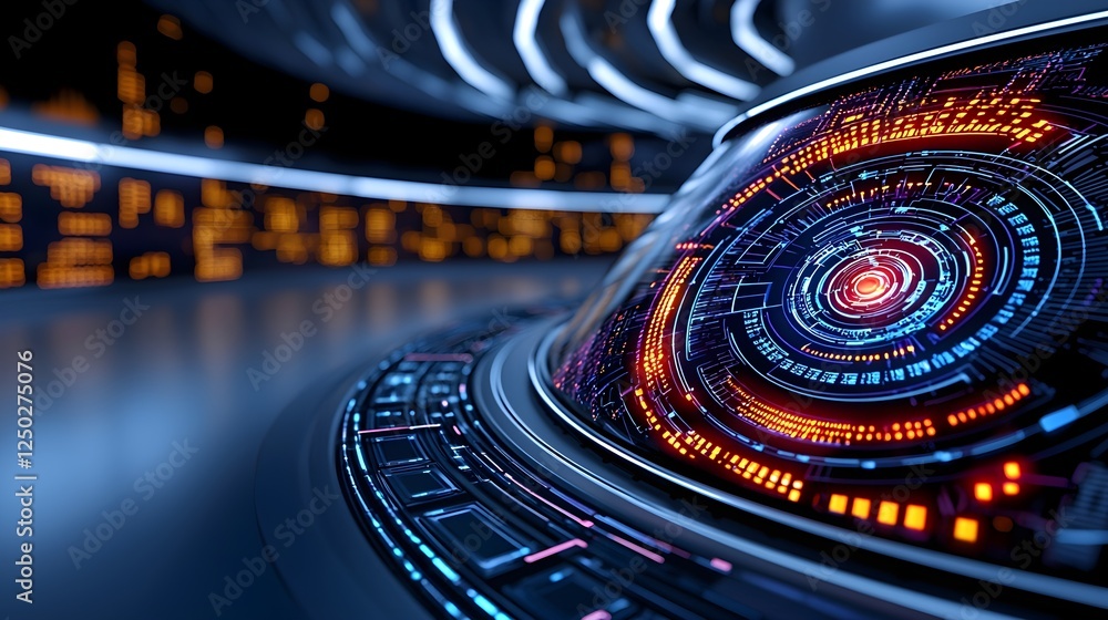 Poster futuristic technology interface with bright colors and glowing elements in a digital environment
