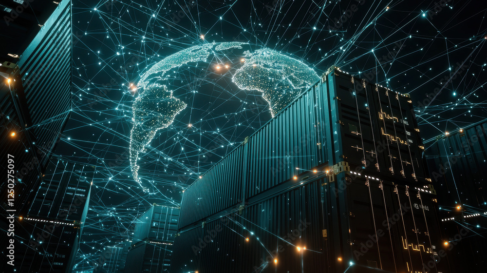 Poster digital representation of global network above shipping containers, showcasing connectivity and tech