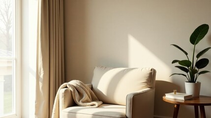Relaxing armchair bathed in sunlight near a window with sheer curtains and a houseplant