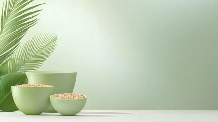 Two green cups with rice and palm leaves on a white table, tropical culinary delight