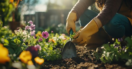 A pair of hands planting young trees in the soil, with green grass and sunlight shining on them. The background is a blurred grassland. National
Gardening Day concept.