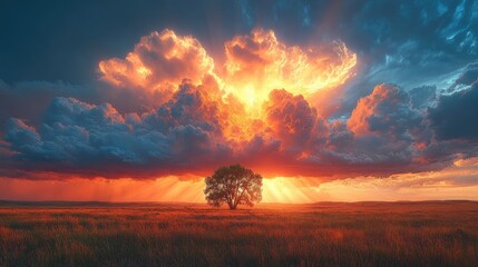 Majestic sunset over a solitary tree in an open field, with vibrant clouds and sun rays