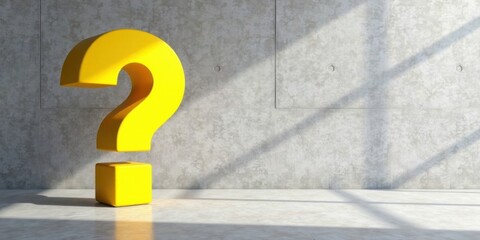 A large yellow question mark stands in a sunlit minimalist room against a concrete wall