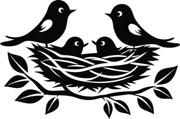 Birds Family sitting on top of a nest vector, birds and baby sitting on top of a nest silhouette and line art vector illustration design