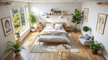 Fototapeta premium Serene Minimalist Bedroom: Soft Neutral Palette, Aerial Drone View
