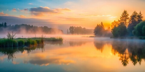 Fototapeta premium Serene Minimalist Foggy Lake Landscape - Soft Dawn Glow