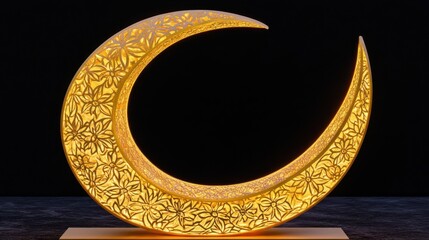 Decorative illuminated crescent sculpture with floral patterns on a dark background