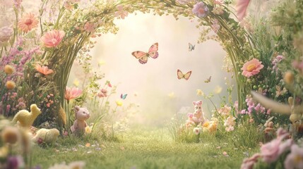 Enchanted meadow with floral archway, butterflies and whimsical plush animals