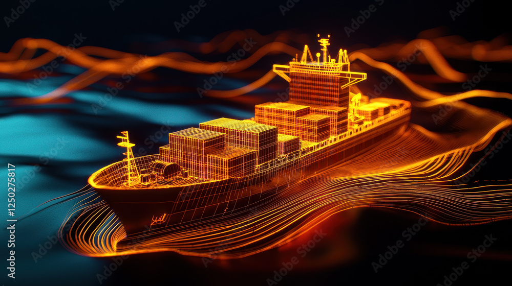 Poster 3d model of cargo ship with glowing lines, representing data streams
