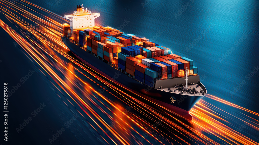 Poster cargo ship with colorful containers moves swiftly through water, creating dynamic light trails