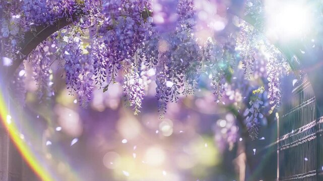 5月・春の背景　飛び散る花びら　眩しい太陽の日差し光　輝きとレンズフレア　美しい色の紫の吊るされた藤の花　藤棚・季節・旅行・観光の背景