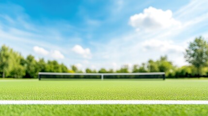 Obraz premium A vibrant tennis court with a net under a bright blue sky, surrounded by lush greenery