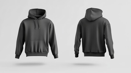 Front and Rear View of Dark Grey Boxy Fit Hoodie Jacket Mockup, Cotton and Linen Materials