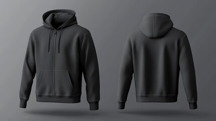 Front and Rear View of Dark Grey Boxy Fit Hoodie Jacket Mockup, Cotton and Linen Materials