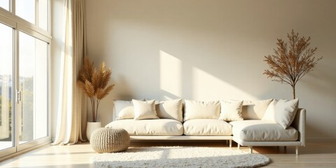 Serene Living Room with Neutral Tones and Sunlight Streaming Through Large Window