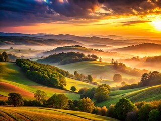 Serene Sunset Landscape: Musical Inspiration Stock Photo