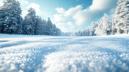 Serene winter landscape with snow-covered ground and pine trees under a bright blue sky