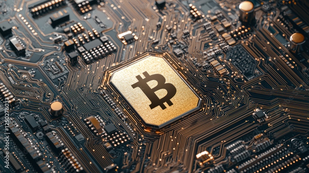Poster a close-up view of a circuit board featuring a prominent bitcoin symbol, highlighting the intersecti