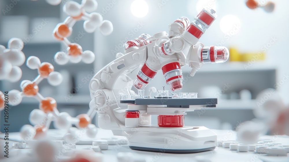 Poster a futuristic laboratory scene featuring a microscope with robotic arms and molecular structures, emp