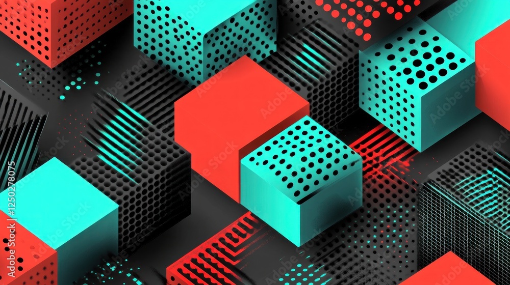 Poster abstract geometric composition with cubes and dotted patterns in bold colors
