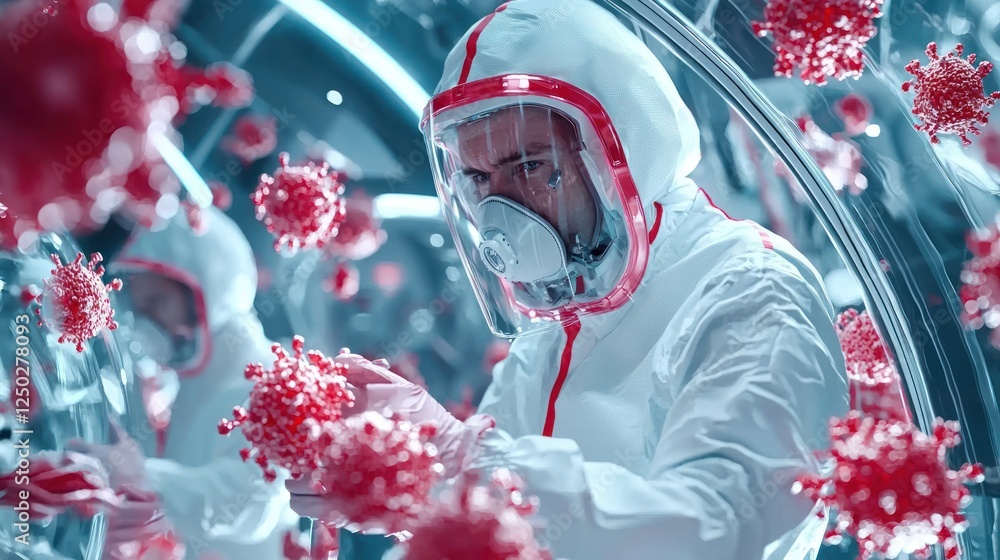 Poster a scientist in protective gear studies floating virus particles in a high-tech laboratory, highlight