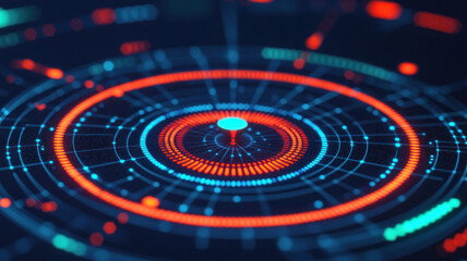 Futuristic Data Visualization with Circles, Lines, and Bright Colored Dots