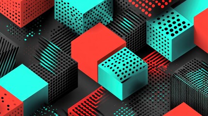 Abstract Geometric Composition with Cubes and Dotted Patterns in Bold Colors
