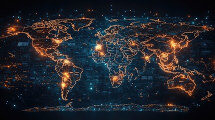 Abstract digital world map with glowing connections and nodes, showcasing global data flow
